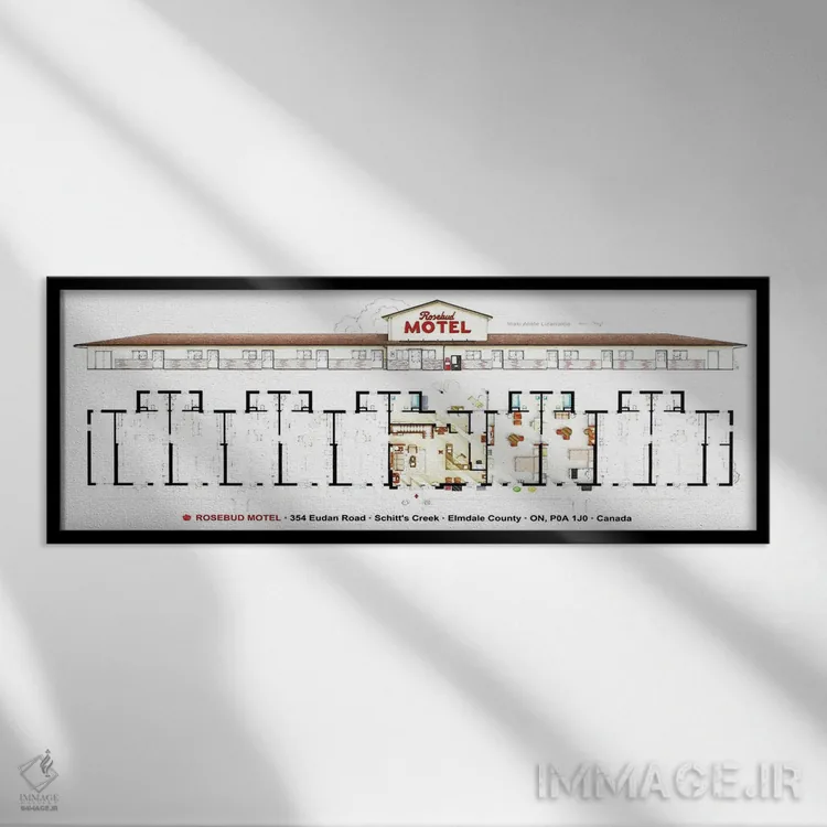 تابلو دکوراتیو نقشه متل رزباد از سریال شیتز کریک اثر تی وی فلورپلنز اند مور - نمای قابدار مشکی