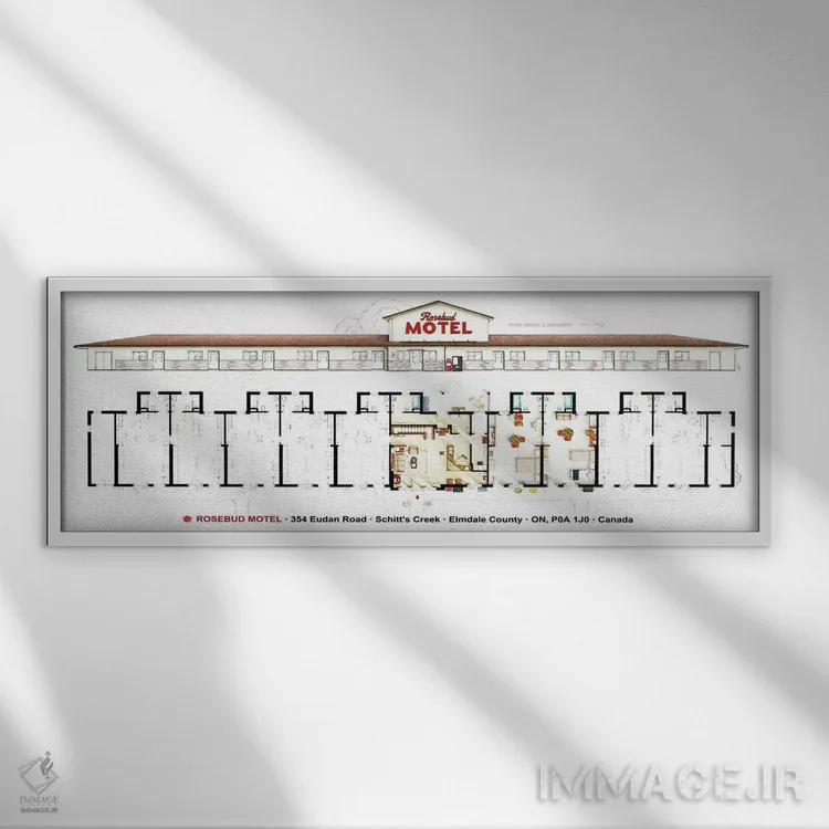 تابلو دکوراتیو نقشه متل رزباد از سریال شیتز کریک اثر تی وی فلورپلنز اند مور - نمای قابدار سفید