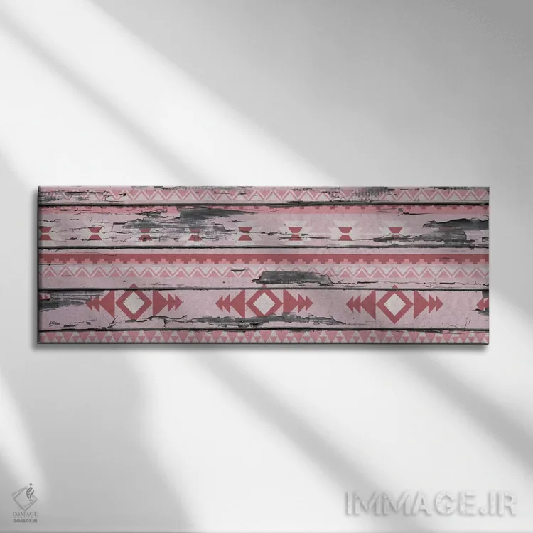 تابلو انتزاعی طرح قبیله ای صورتی روی چوب اثر فایو بای فایو کالکتیو - نمای روبهرو روی دیوار