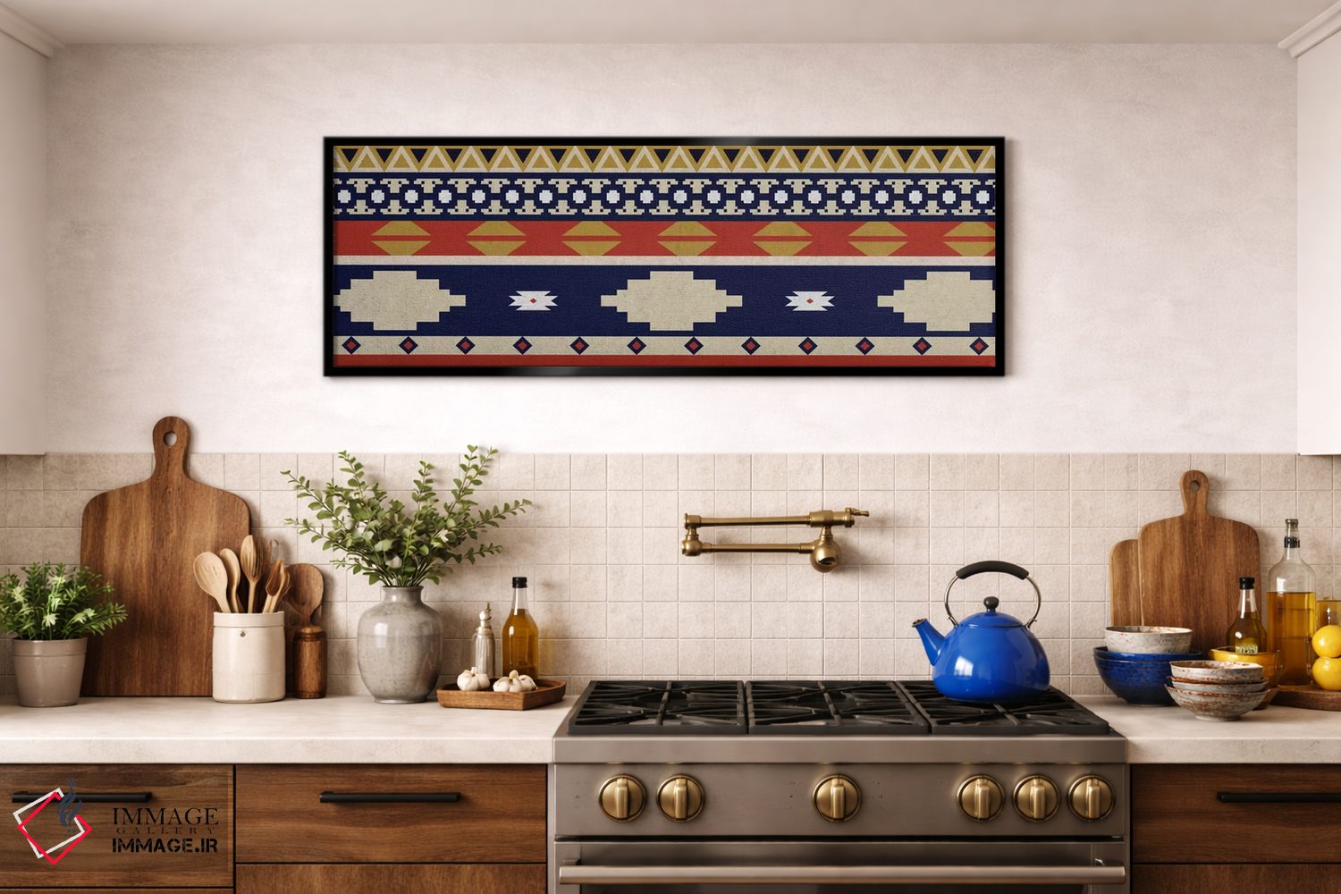 تابلو انتزاعی نقش قبیله ای آبی و نارنجی ۱ اثر فایو بای فایو کالکتیو - D2B