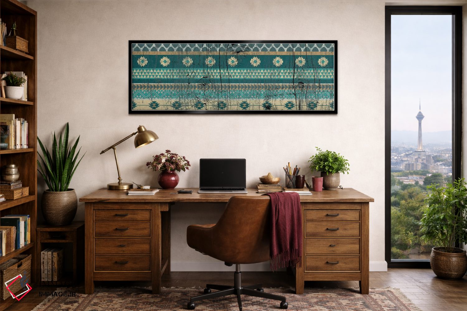 تابلو انتزاعی نقش قبیله ای سبزآبی روی چوب اثر فایو بای فایو کالکتیو - D3B