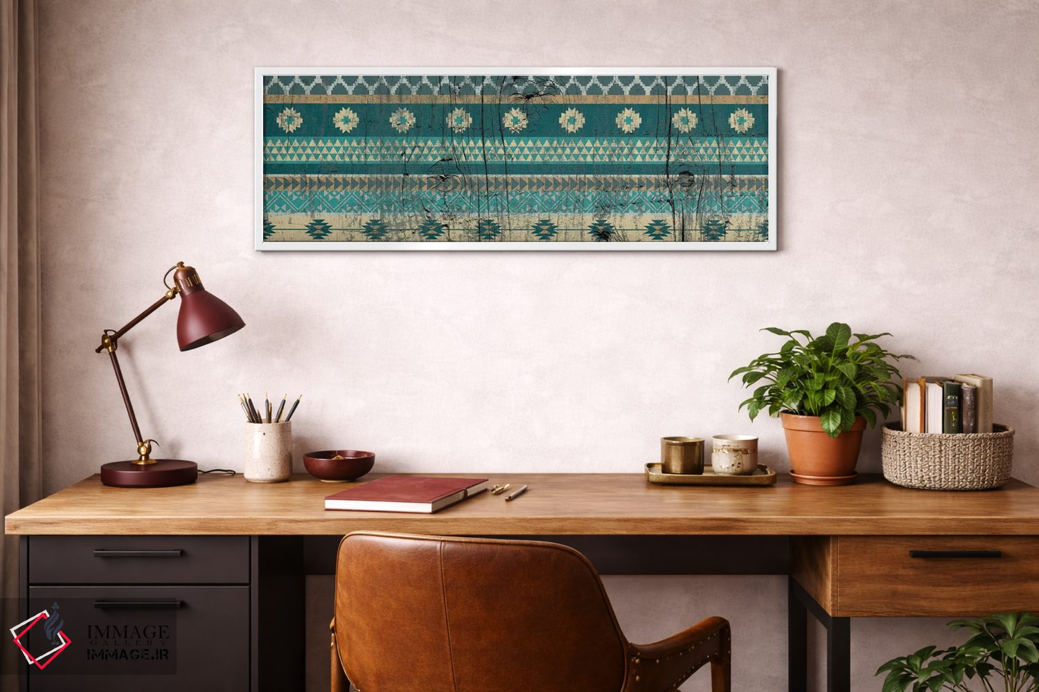 تابلو انتزاعی نقش قبیله ای سبزآبی روی چوب اثر فایو بای فایو کالکتیو - D4W