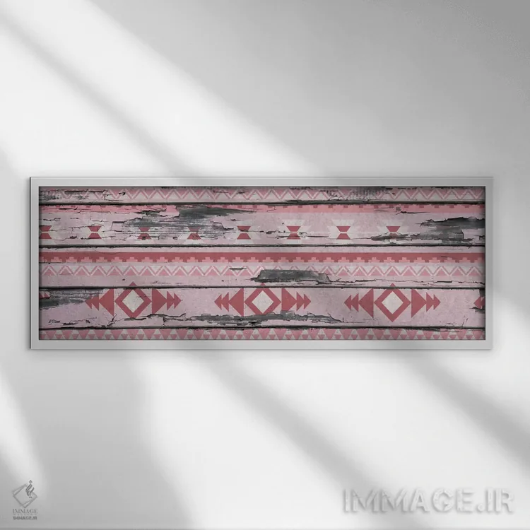 تابلو انتزاعی طرح قبیله ای صورتی روی چوب اثر فایو بای فایو کالکتیو - نمای قابدار سفید