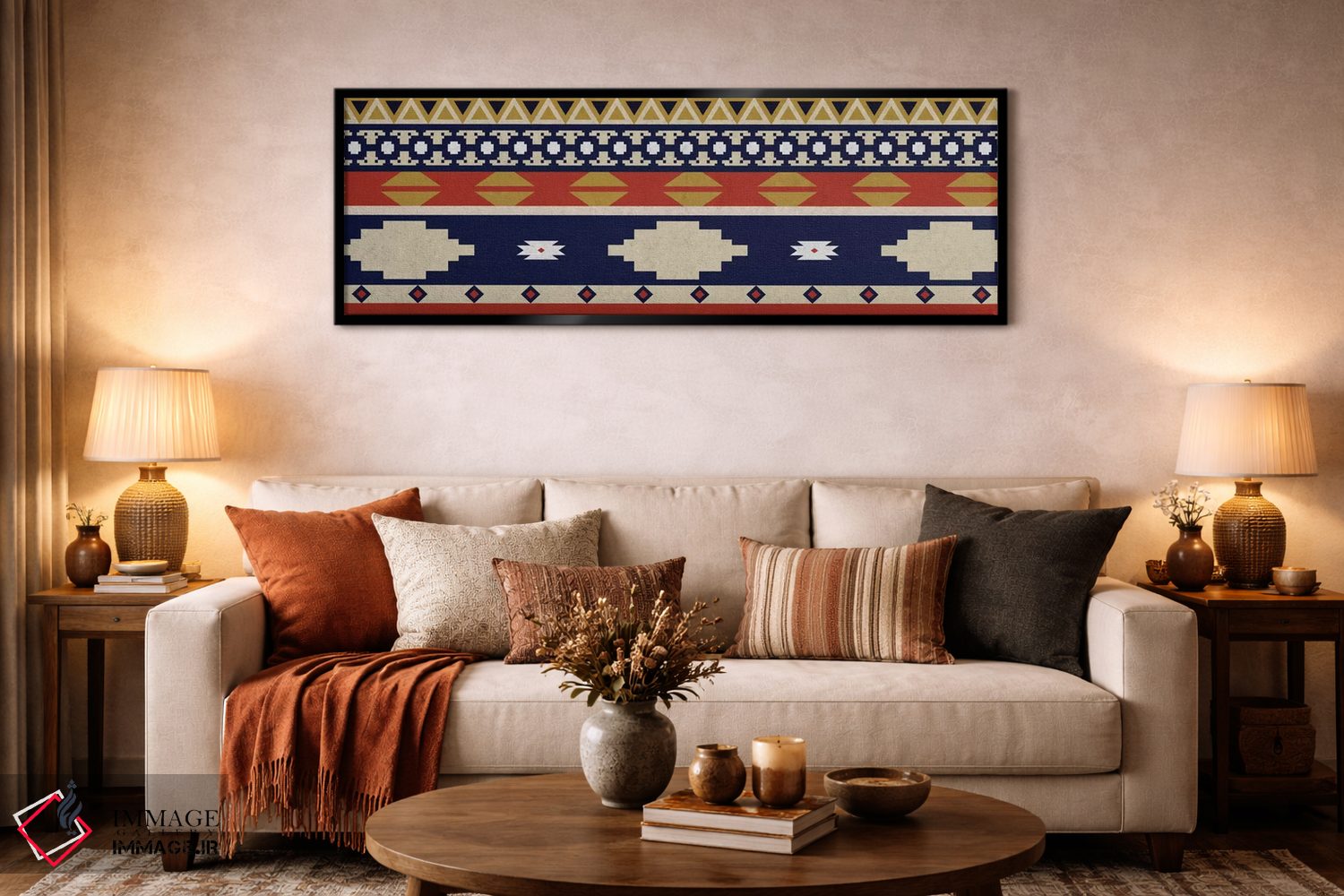 تابلو انتزاعی نقش قبیله ای آبی و نارنجی ۱ اثر فایو بای فایو کالکتیو - D6B