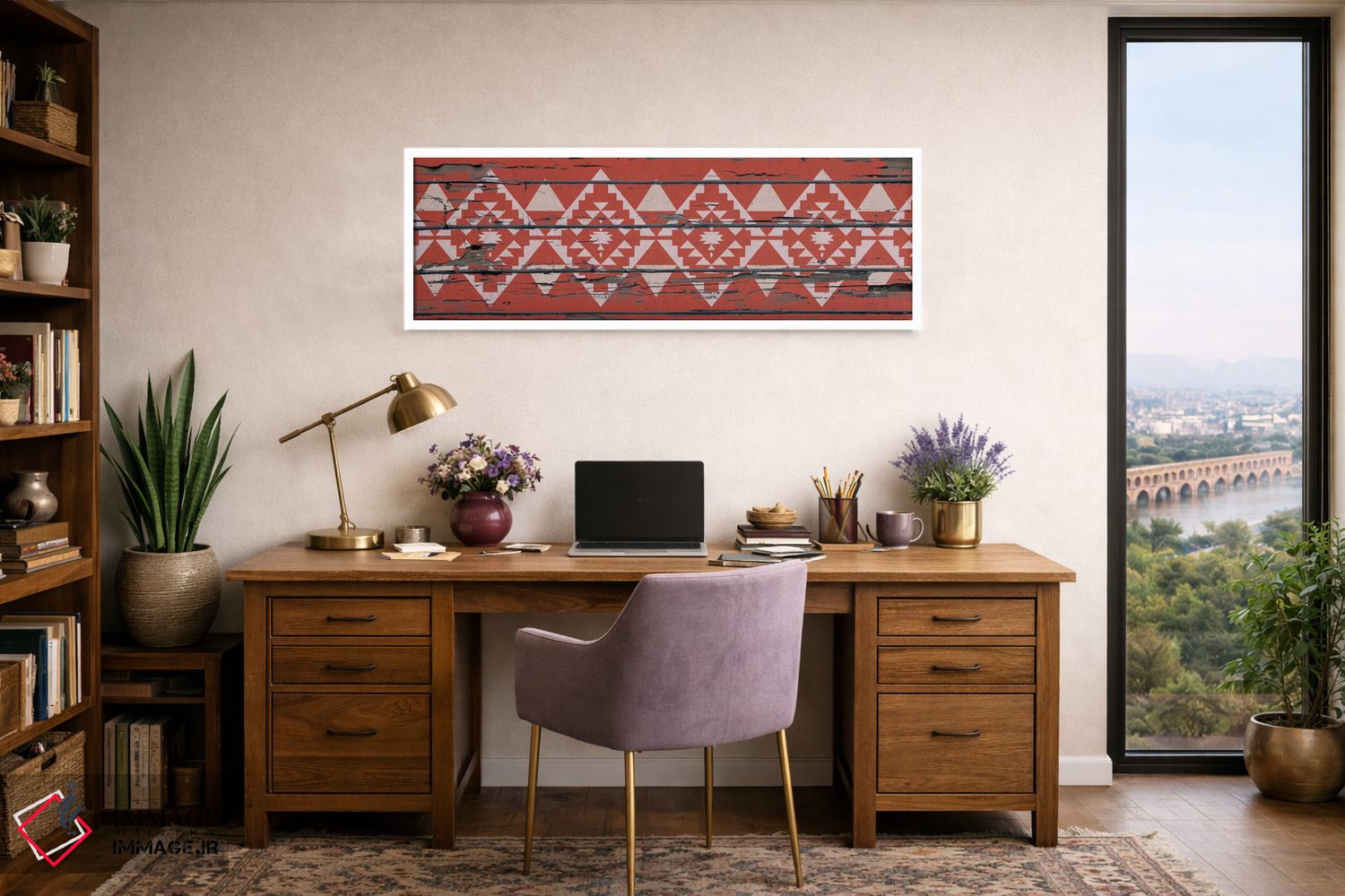 تابلو انتزاعی نقش قبیله ای قرمز روی چوب اثر فایو بای فایو کالکتیو - D1W