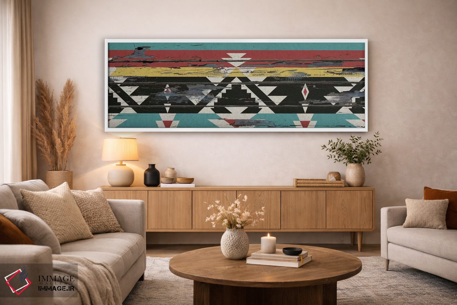تابلو انتزاعی نقش قبیله ای چندرنگ روی چوب اثر فایو بای فایو کالکتیو - D3W