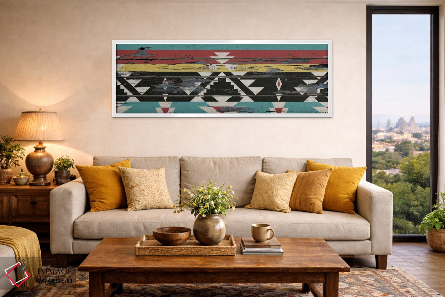 تابلو انتزاعی نقش قبیله ای چندرنگ روی چوب اثر فایو بای فایو کالکتیو - D4W