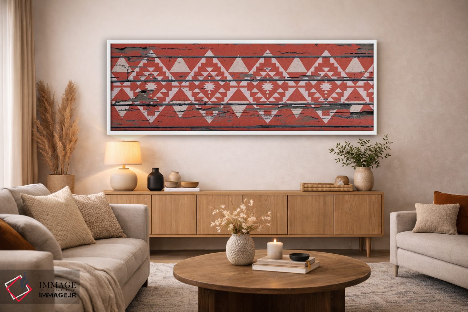 تابلو انتزاعی نقش قبیله ای قرمز روی چوب اثر فایو بای فایو کالکتیو - D4W