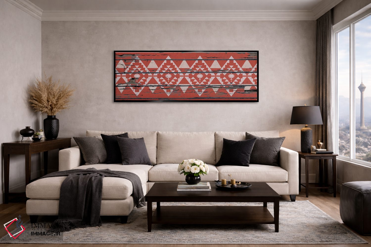 تابلو انتزاعی نقش قبیله ای قرمز روی چوب اثر فایو بای فایو کالکتیو - D6B