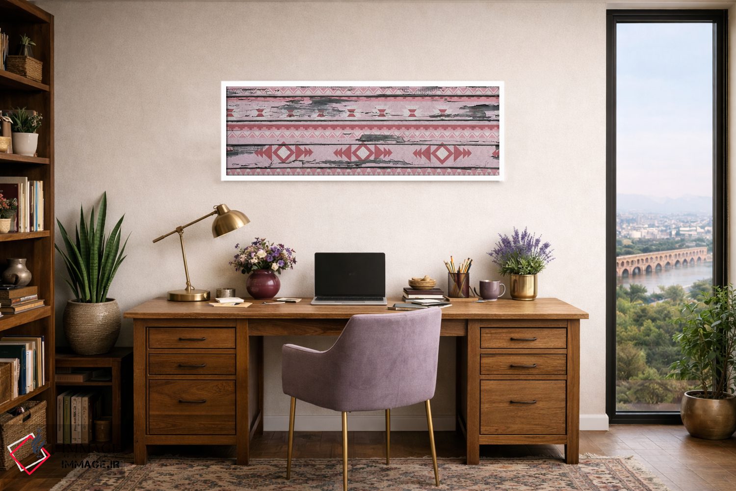 تابلو انتزاعی طرح قبیله ای صورتی روی چوب اثر فایو بای فایو کالکتیو - D1W