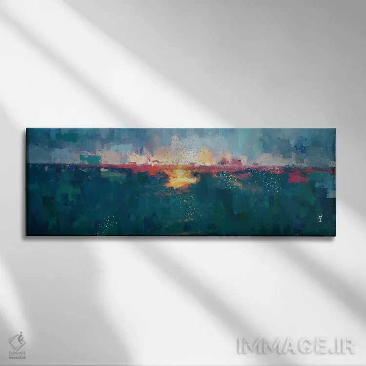تابلو انتزاعی منظره دریایی در غروب سه اثر وان کردی - نمای روبهرو روی دیوار