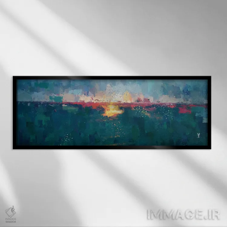 تابلو انتزاعی منظره دریایی در غروب سه اثر وان کردی - نمای قابدار مشکی
