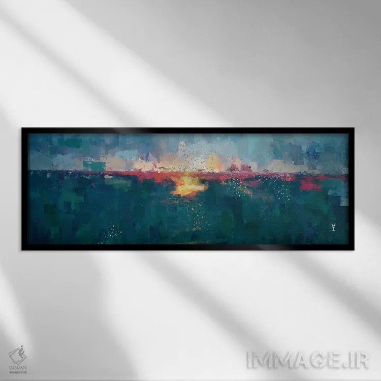 تابلو انتزاعی منظره دریایی در غروب سه اثر وان کردی - نمای قابدار مشکی