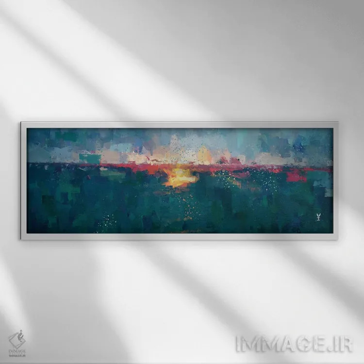تابلو انتزاعی منظره دریایی در غروب سه اثر وان کردی - نمای قابدار سفید