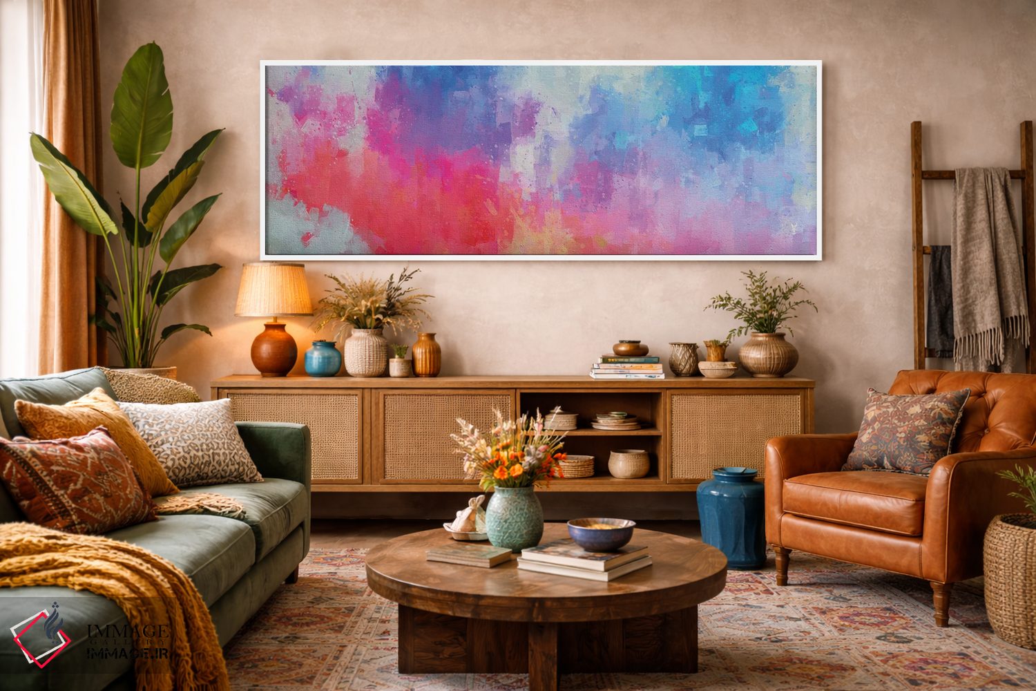 تابلو دکوراتیو انتزاعی صورتی، قرمز و آبی اثر وان کردی - D1W