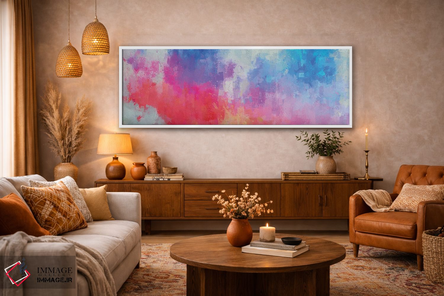 تابلو دکوراتیو انتزاعی صورتی، قرمز و آبی اثر وان کردی - D4W
