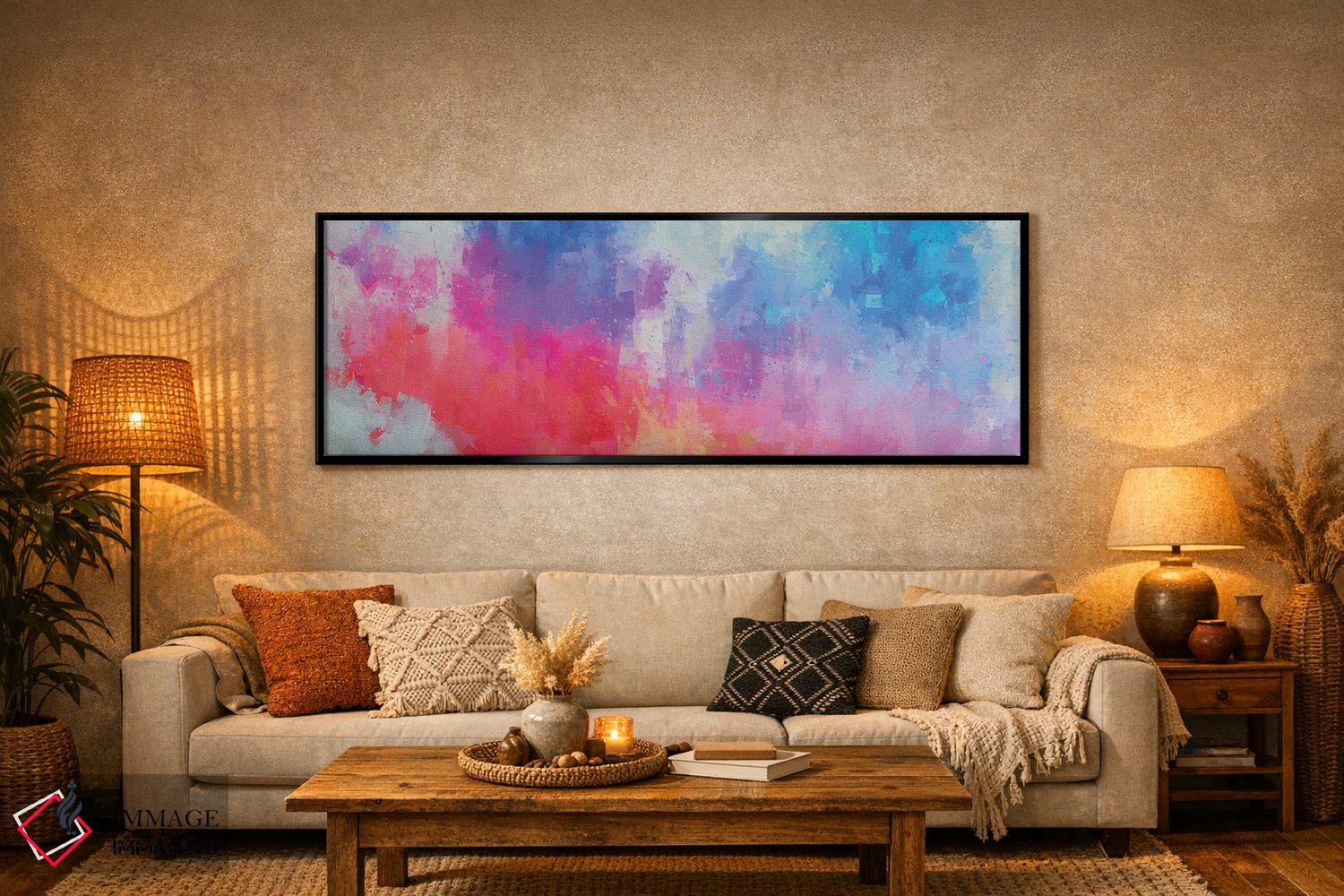 تابلو دکوراتیو انتزاعی صورتی، قرمز و آبی اثر وان کردی - D6B
