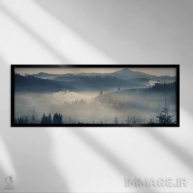 تابلو دکوراتیو گرگ ومیش یخبندان در کوهستان اثر والریکس - نمای قابدار مشکی