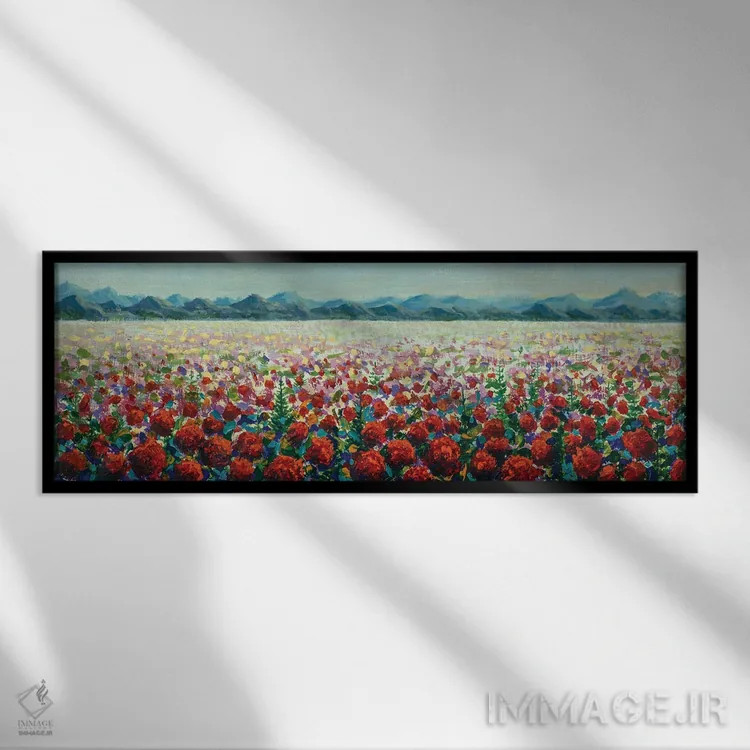 تابلو دکوراتیو چمنزارهای پوشیده از شقایق های خودرو قرمز در کوه ها اثر والری ریباکوف - نمای قابدار مشکی