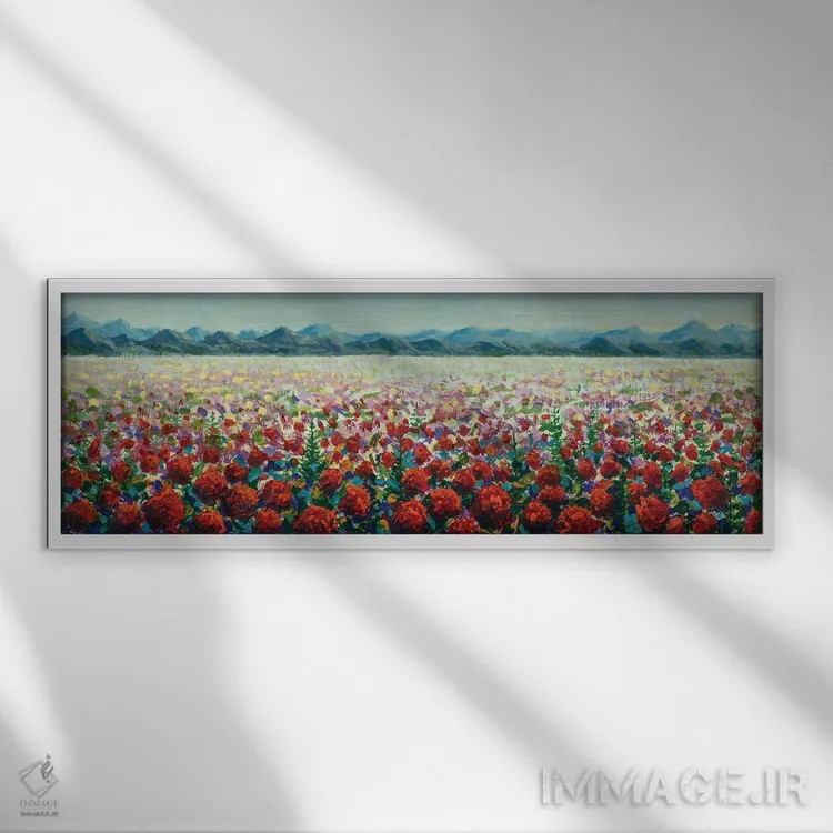 تابلو دکوراتیو چمنزارهای پوشیده از شقایق های خودرو قرمز در کوه ها اثر والری ریباکوف - نمای قابدار سفید