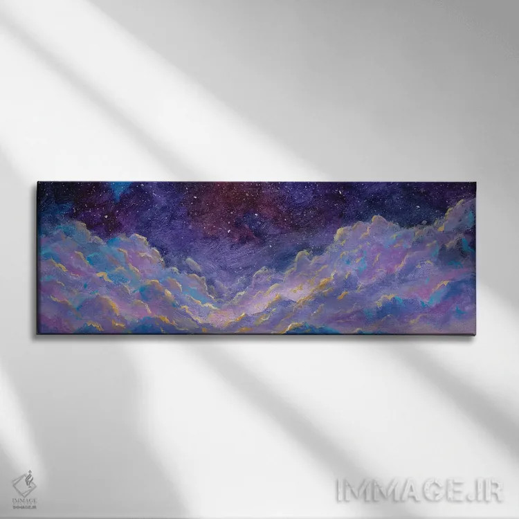 تابلو انتزاعی چشم انداز پانوراما با آسمان شب پرستاره و ابرهای خیالی بر ف… اثر والری ریباکوف - نمای روبهرو روی دیوار