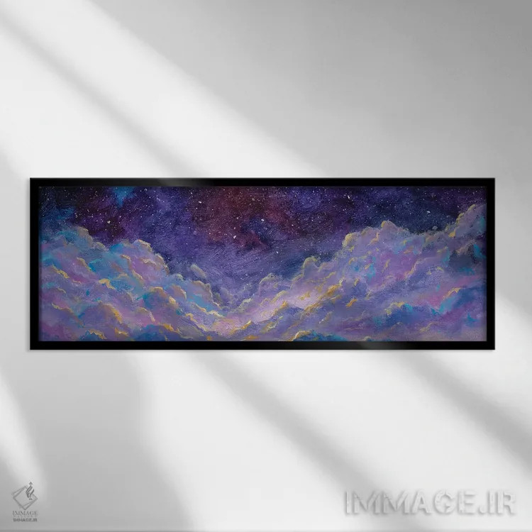 تابلو انتزاعی چشم انداز پانوراما با آسمان شب پرستاره و ابرهای خیالی بر ف… اثر والری ریباکوف - نمای قابدار مشکی