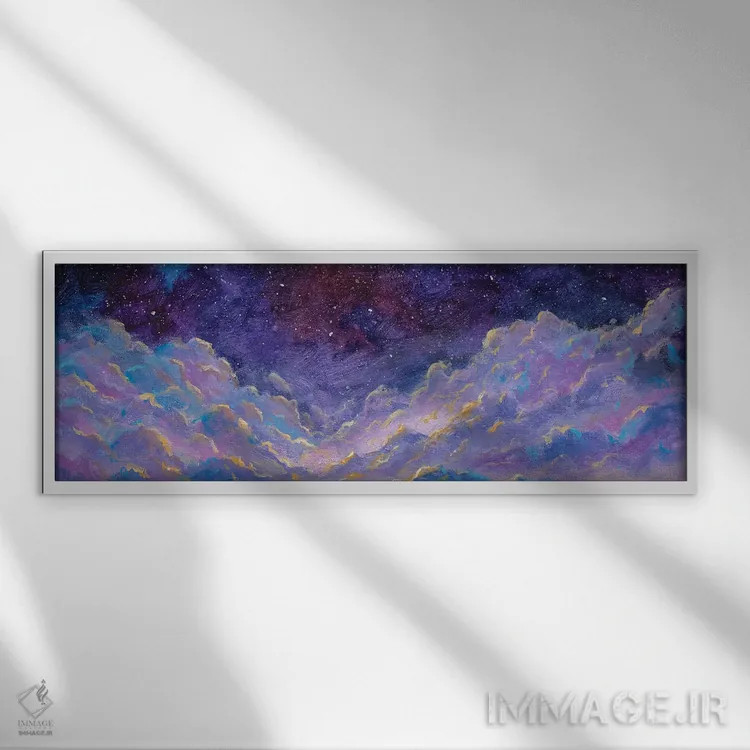تابلو انتزاعی چشم انداز پانوراما با آسمان شب پرستاره و ابرهای خیالی بر ف… اثر والری ریباکوف - نمای قابدار سفید