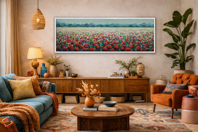 تابلو دکوراتیو چمنزارهای پوشیده از شقایق های خودرو قرمز در کوه ها اثر والری ریباکوف - D1W