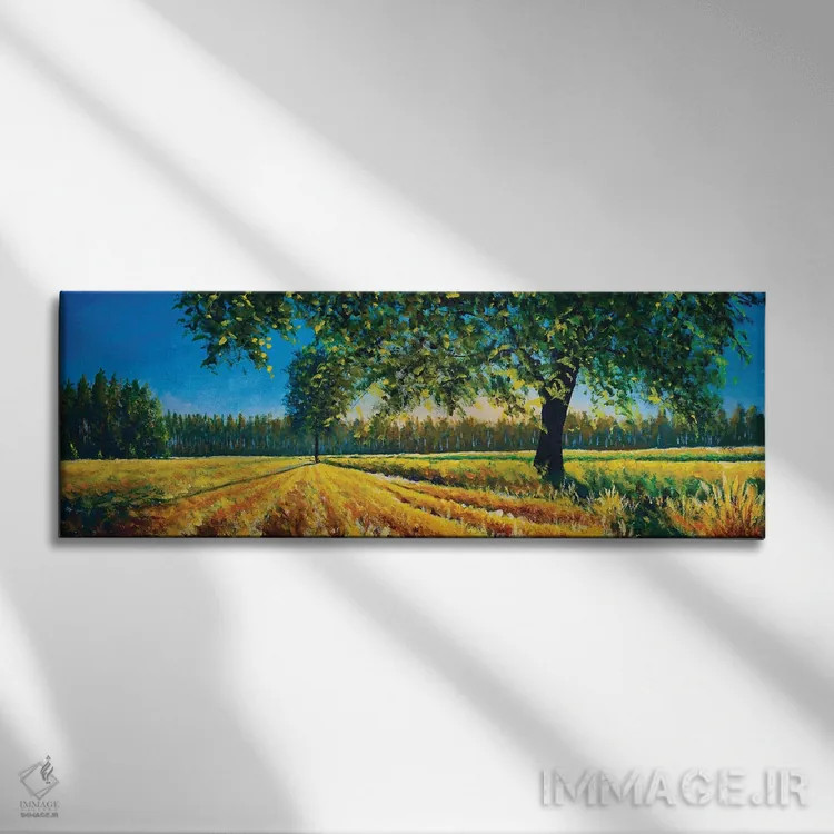 تابلو دکوراتیو پانورامای فوق عریض از مزرعه زیبا و درخت در تابستان یا پای… اثر والری ریباکوف - نمای روبهرو روی دیوار