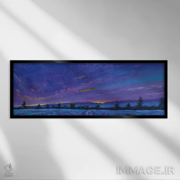 تابلو دکوراتیو پانورامای بنر طلوع و غروب آبی و بنفش بر فراز مزرعه اسطوخو… اثر والری ریباکوف - نمای قابدار مشکی