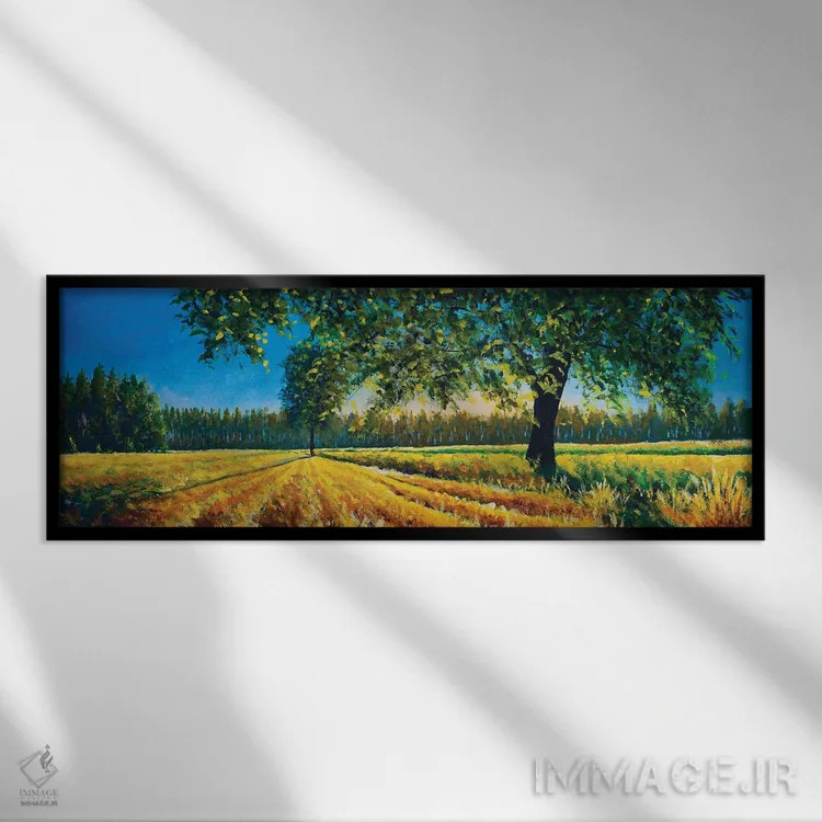 تابلو دکوراتیو پانورامای فوق عریض از مزرعه زیبا و درخت در تابستان یا پای… اثر والری ریباکوف - نمای قابدار مشکی