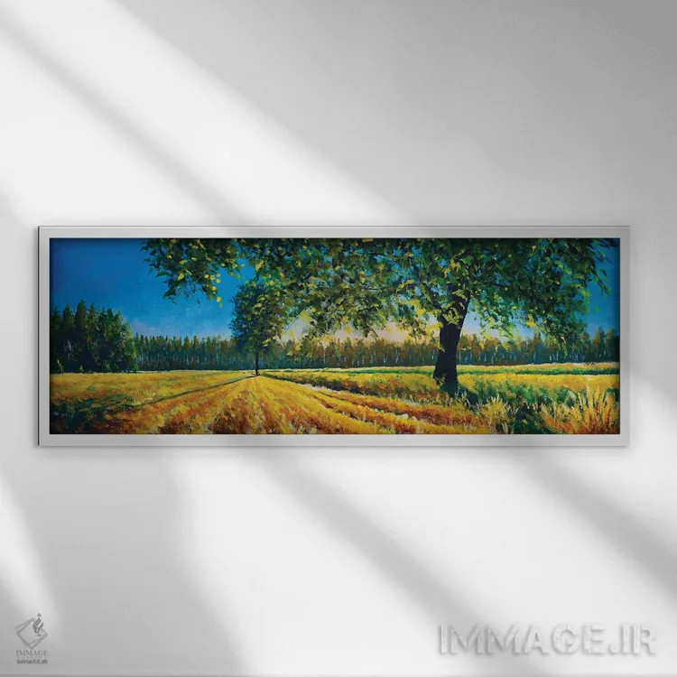تابلو دکوراتیو پانورامای فوق عریض از مزرعه زیبا و درخت در تابستان یا پای… اثر والری ریباکوف - نمای قابدار سفید