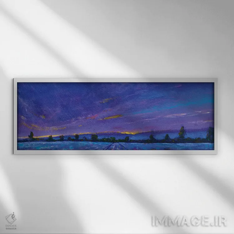 تابلو دکوراتیو پانورامای بنر طلوع و غروب آبی و بنفش بر فراز مزرعه اسطوخو… اثر والری ریباکوف - نمای قابدار سفید