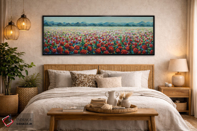 تابلو دکوراتیو چمنزارهای پوشیده از شقایق های خودرو قرمز در کوه ها اثر والری ریباکوف - D5B