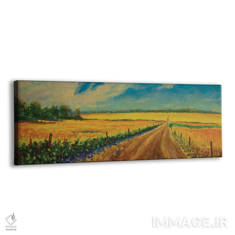 تابلوی روغنی پانوراما از جاده در مزرعه زرد گندم رسیده اثر والری ریباکوف - نمای پرسپکتیو محصول