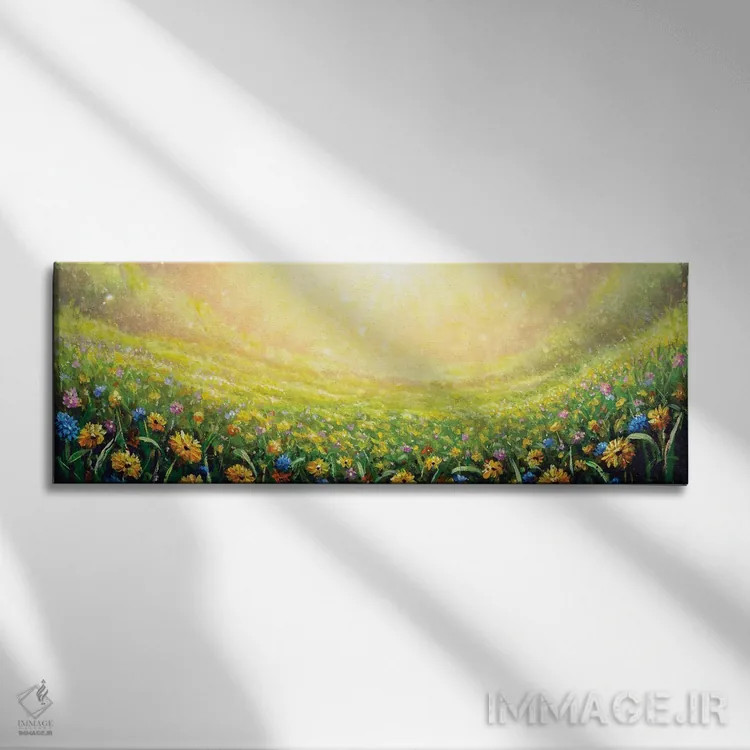 تابلو دکوراتیو بابونه های زرد و گل های وحشی آبی در میان چمن اثر والری ریباکوف - نمای روبهرو روی دیوار
