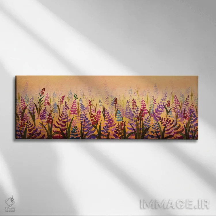 تابلو دکوراتیو نمای پانورامیک از مزرعه گل های لطیف شکوفا؛ گل وحشی بنفش اثر والری ریباکوف - نمای روبهرو روی دیوار