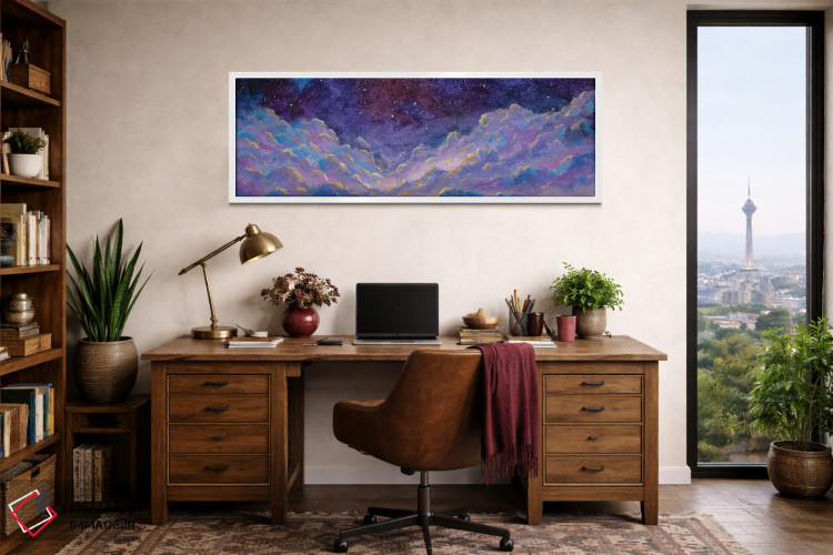 تابلو انتزاعی چشم انداز پانوراما با آسمان شب پرستاره و ابرهای خیالی بر ف… اثر والری ریباکوف - D2W