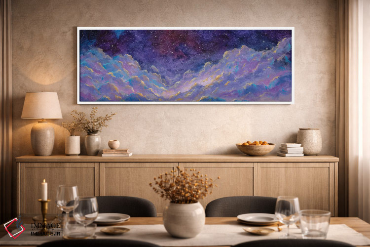 تابلو انتزاعی چشم انداز پانوراما با آسمان شب پرستاره و ابرهای خیالی بر ف… اثر والری ریباکوف - D3W