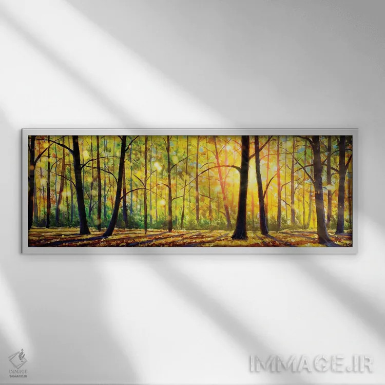 تابلو انتزاعی درختان آفتابی زیبا در جنگل اثر والری ریباکوف - نمای قابدار سفید