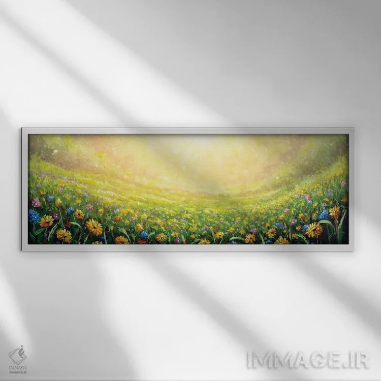 تابلو دکوراتیو بابونه های زرد و گل های وحشی آبی در میان چمن اثر والری ریباکوف - نمای قابدار سفید