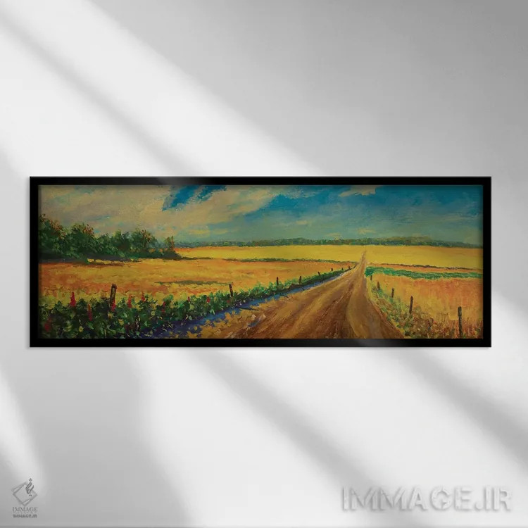 تابلوی روغنی پانوراما از جاده در مزرعه زرد گندم رسیده اثر والری ریباکوف - نمای قابدار مشکی