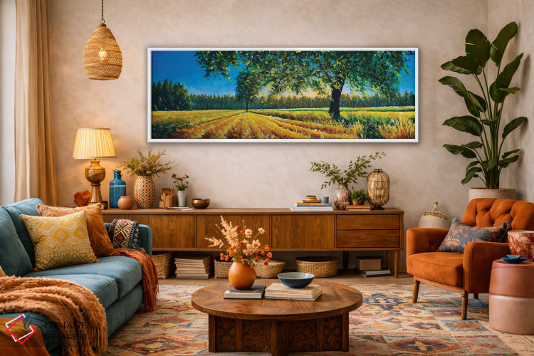 تابلو دکوراتیو پانورامای فوق عریض از مزرعه زیبا و درخت در تابستان یا پای… اثر والری ریباکوف - D3W