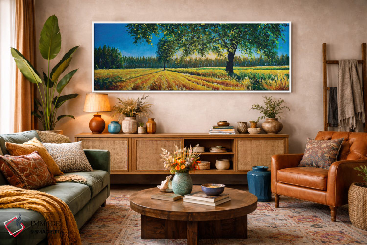 تابلو دکوراتیو پانورامای فوق عریض از مزرعه زیبا و درخت در تابستان یا پای… اثر والری ریباکوف - D2W