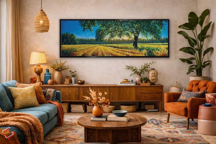 تابلو دکوراتیو پانورامای فوق عریض از مزرعه زیبا و درخت در تابستان یا پای… اثر والری ریباکوف - D4B
