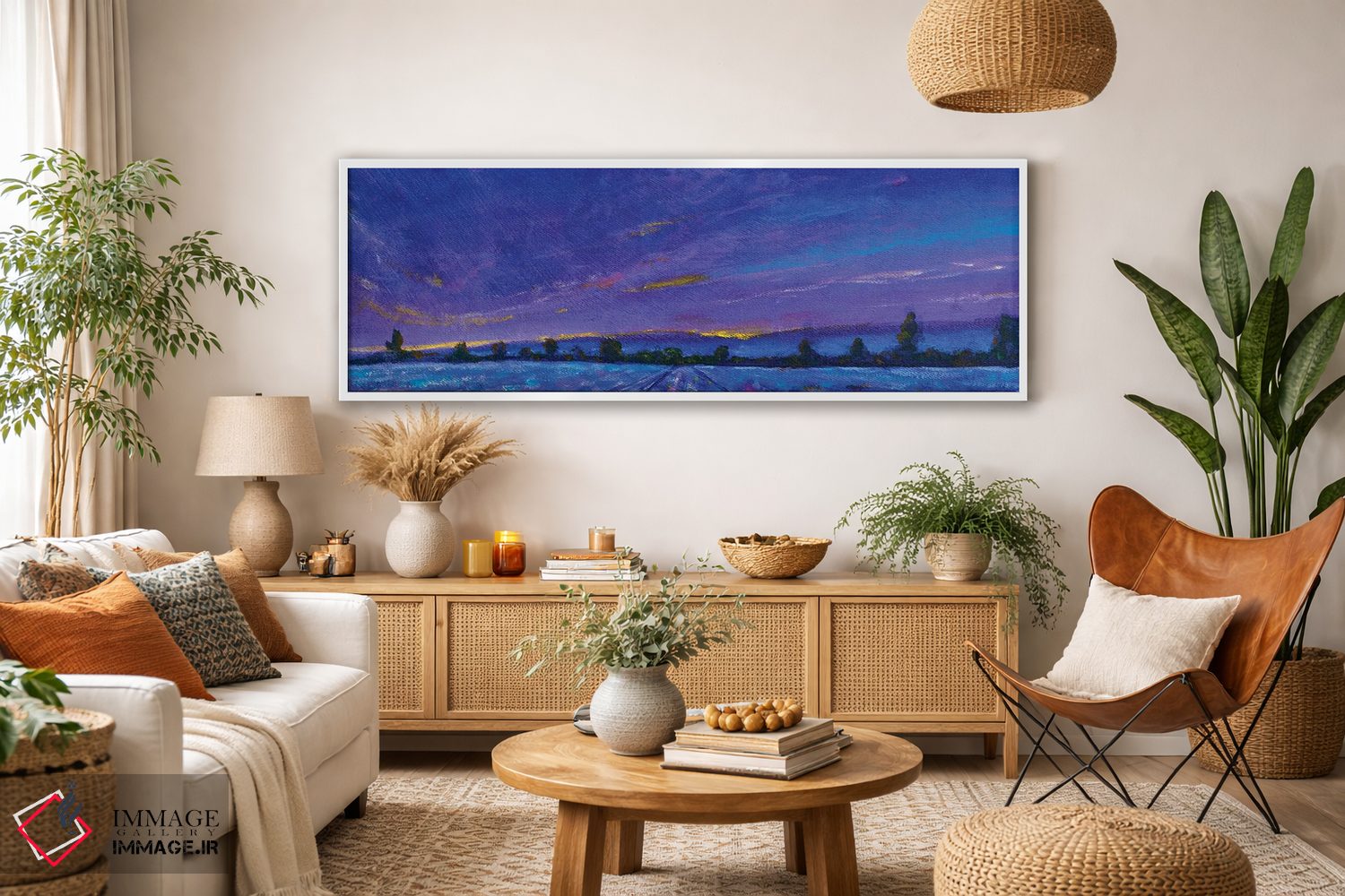 تابلو دکوراتیو پانورامای بنر طلوع و غروب آبی و بنفش بر فراز مزرعه اسطوخو… اثر والری ریباکوف - D2W