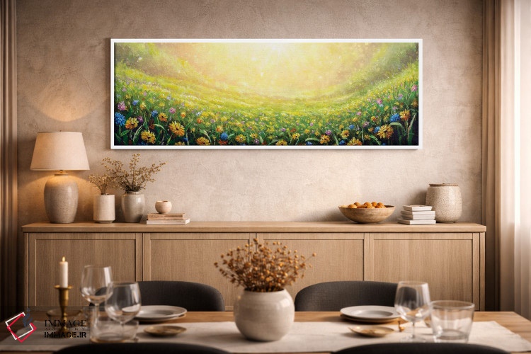 تابلو دکوراتیو بابونه های زرد و گل های وحشی آبی در میان چمن اثر والری ریباکوف - D1W