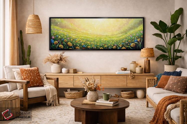 تابلو دکوراتیو بابونه های زرد و گل های وحشی آبی در میان چمن اثر والری ریباکوف - D2B