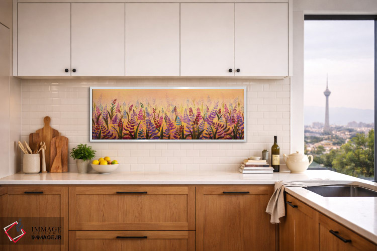 تابلو دکوراتیو نمای پانورامیک از مزرعه گل های لطیف شکوفا؛ گل وحشی بنفش اثر والری ریباکوف - D2W