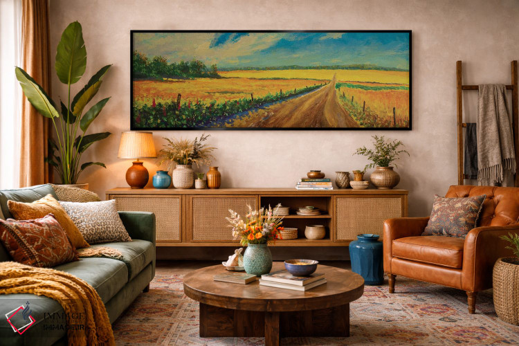 تابلوی روغنی پانوراما از جاده در مزرعه زرد گندم رسیده اثر والری ریباکوف - D3B